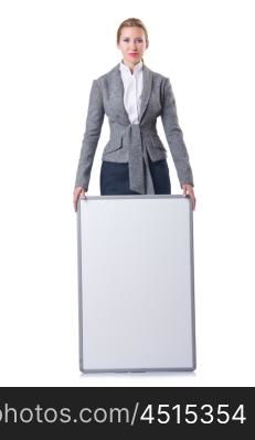 Businesswoman with board on white