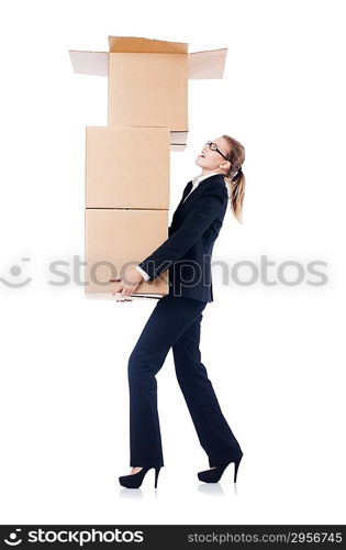 Businesswoman with boxes isolated on white