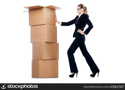 Businesswoman with boxes isolated on white