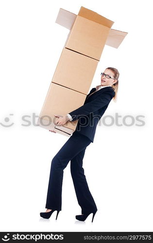 Businesswoman with boxes isolated on white