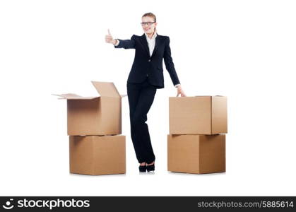 Businesswoman with boxes isolated on white