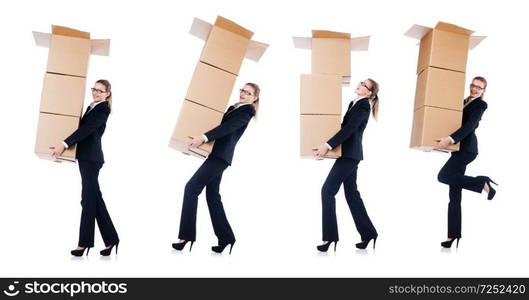 Businesswoman with boxes isolated on white