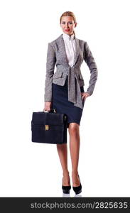 Businesswoman with briefcase on white