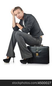 Businesswoman with briefcase on white