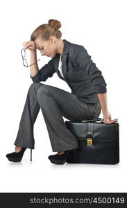 Businesswoman with briefcase on white