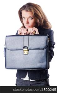 Businesswoman with briefcase on white