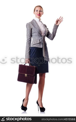 Businesswoman with briefcase on white