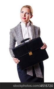 Businesswoman with briefcase on white