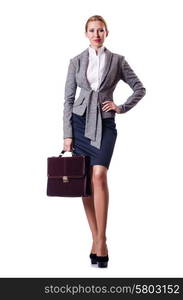 Businesswoman with briefcase on white