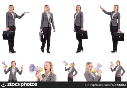 Businesswoman with bullhorn isolated on white