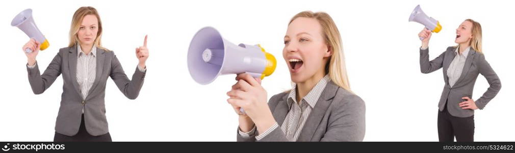 Businesswoman with bullhorn isolated on white