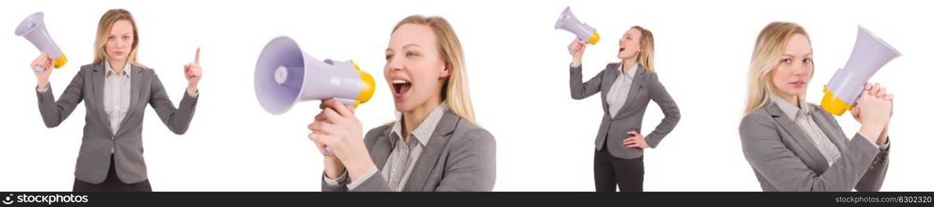 Businesswoman with bullhorn isolated on white