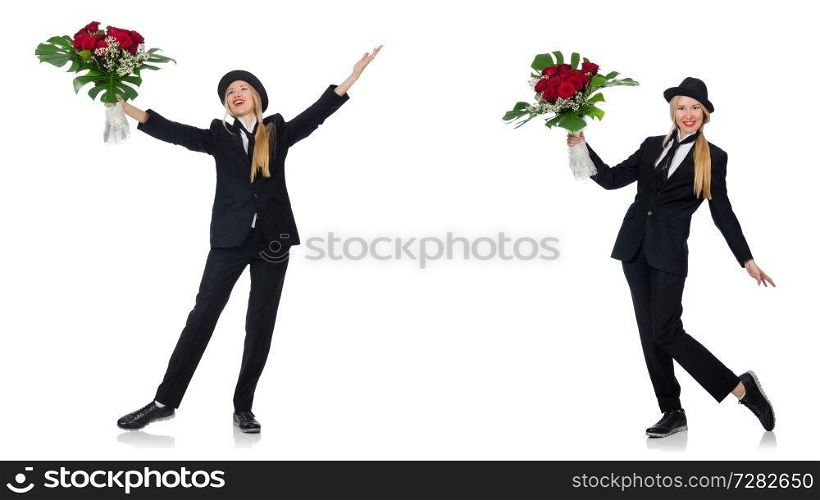 Businesswoman with bunch of flowers isolated on white 