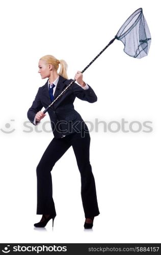 Businesswoman with catching net on white