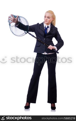 Businesswoman with catching net on white