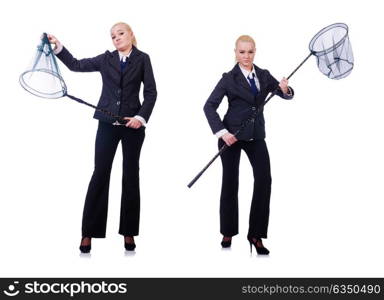 Businesswoman with catching net on white