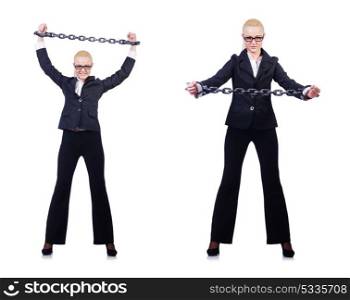 Businesswoman with chain isolated on the white