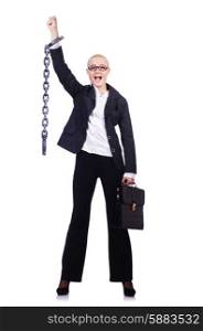 Businesswoman with chain isolated on the white