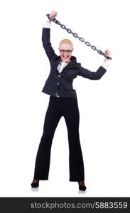 Businesswoman with chain isolated on the white