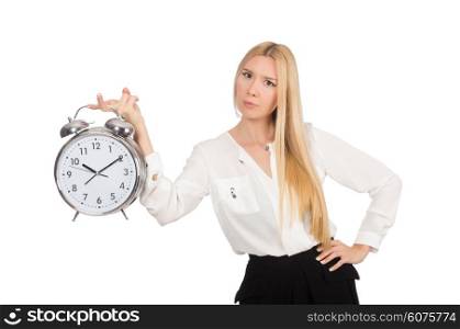 Businesswoman with clock isolated on the white background