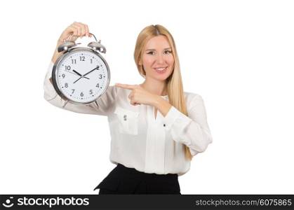 Businesswoman with clock isolated on the white background