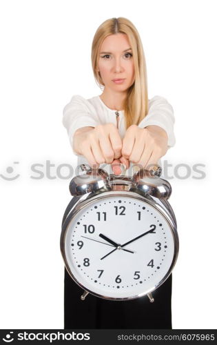 Businesswoman with clock isolated on the white background