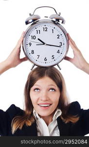 Businesswoman with clock isolated on white