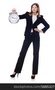Businesswoman with clock isolated on white