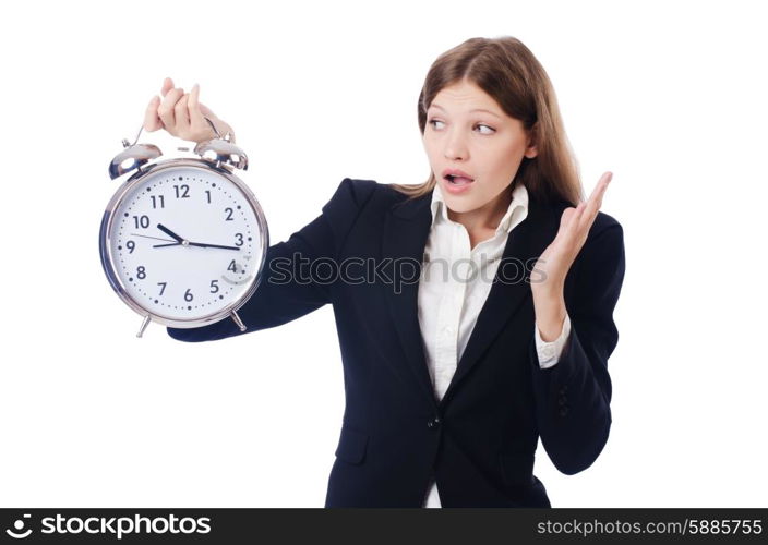 Businesswoman with clock isolated on white