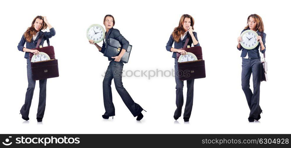 Businesswoman with clock isolated on white