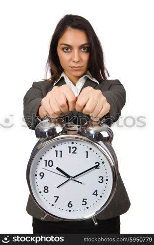 Businesswoman with clock missing her deadlines