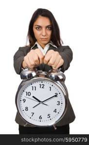 Businesswoman with clock missing her deadlines