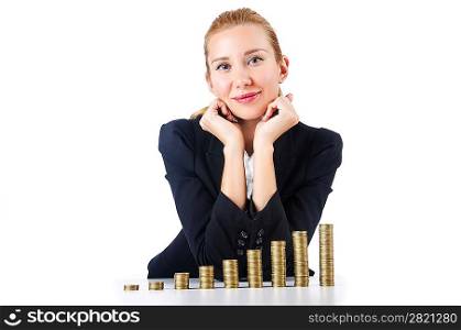 Businesswoman with coins on white