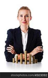 Businesswoman with coins on white