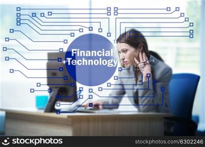 Businesswoman with computer in financial technology fintech concept. Businesswoman with computer in financial technology fintech conc