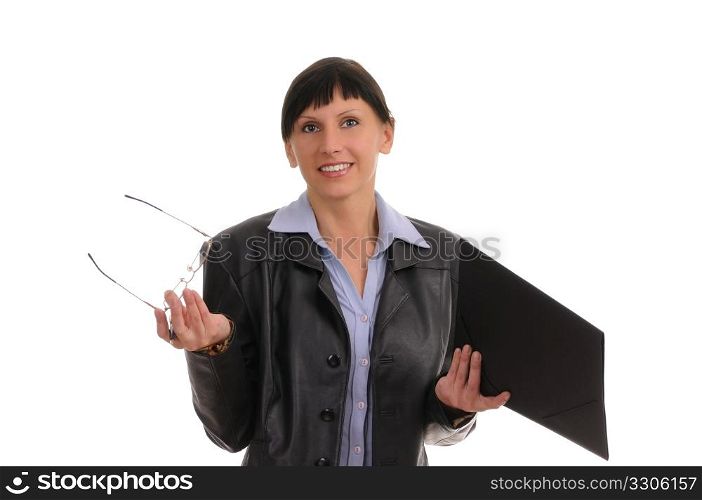 businesswoman with dokuments isolated on white background
