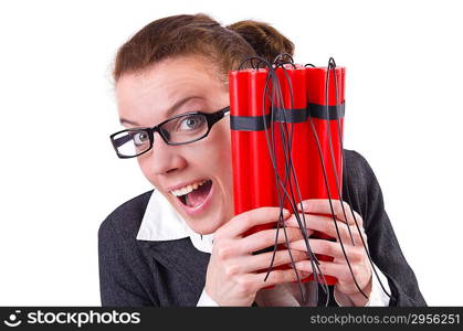 Businesswoman with dynamite on white