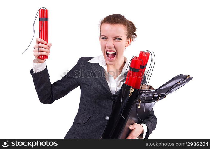 Businesswoman with dynamite on white