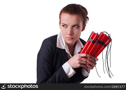 Businesswoman with dynamite on white