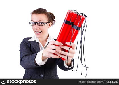 Businesswoman with dynamite on white