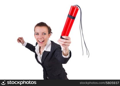 Businesswoman with dynamite on white