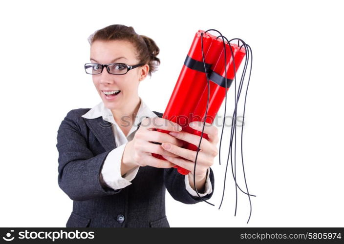 Businesswoman with dynamite on white