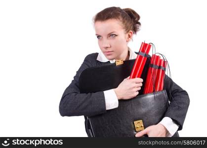 Businesswoman with dynamite on white