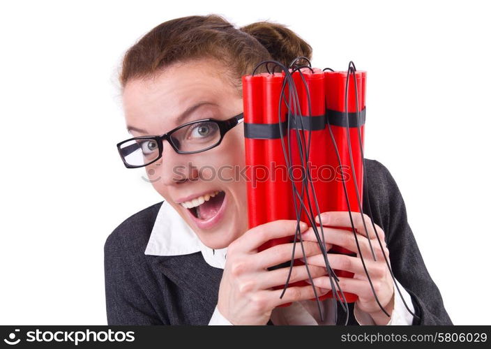 Businesswoman with dynamite on white