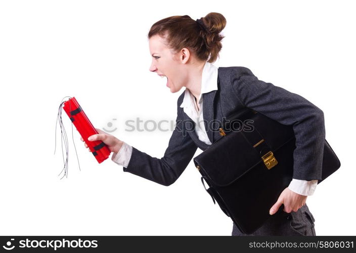 Businesswoman with dynamite on white