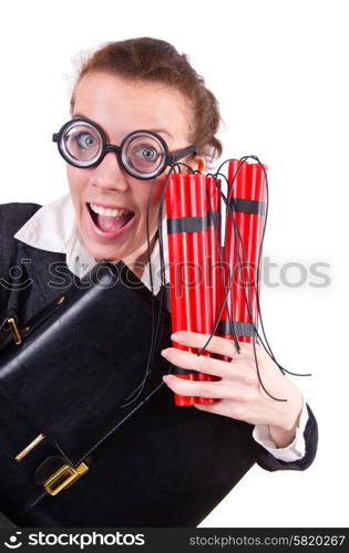 Businesswoman with dynamite on white