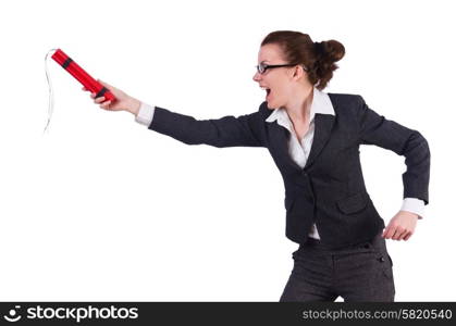 Businesswoman with dynamite on white