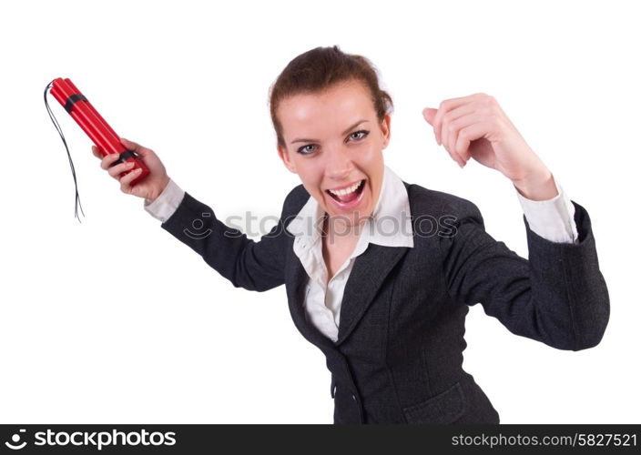 Businesswoman with dynamite on white