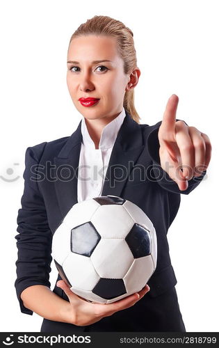 Businesswoman with football on white