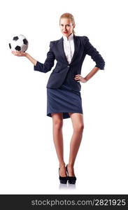 Businesswoman with football on white